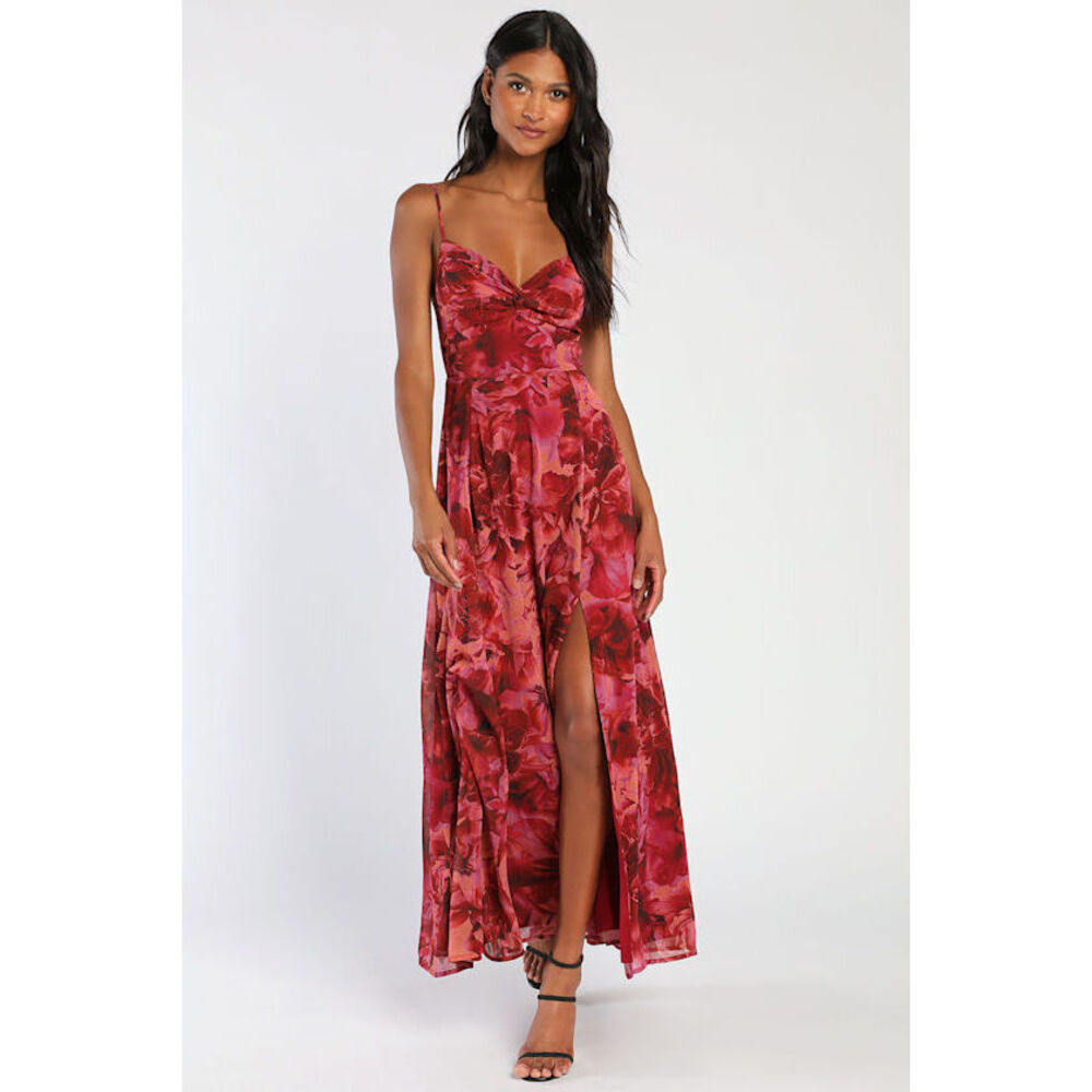 Lulus Beautiful Soul Burgundy Floral Print Twist-front Maxi Dress Red - Size S